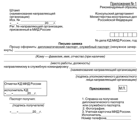Ходатайство в МИД Российской Федерации о выдаче служебного паспорта