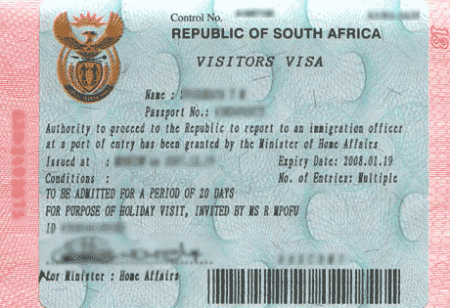 Образец визы в ЮАР