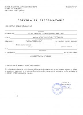 разрешение на работу в Черногории