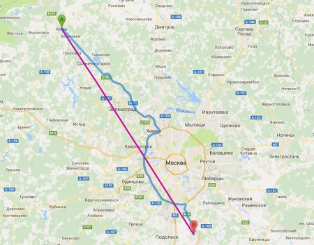Расстояние на карте от Клина (А) до Домодедово (В)