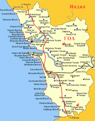 Карта мест отдыха в Гоа
