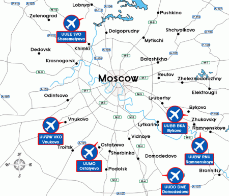 Аэропорты Москвы и Подмосковья на карте