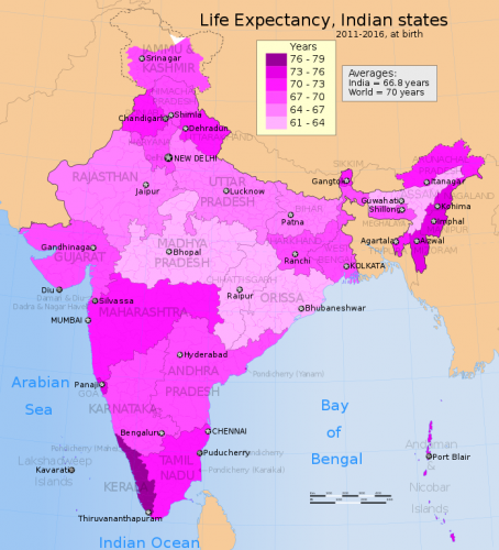 Ожидаемая продолжительность жизни в Индии по штатам и регионам