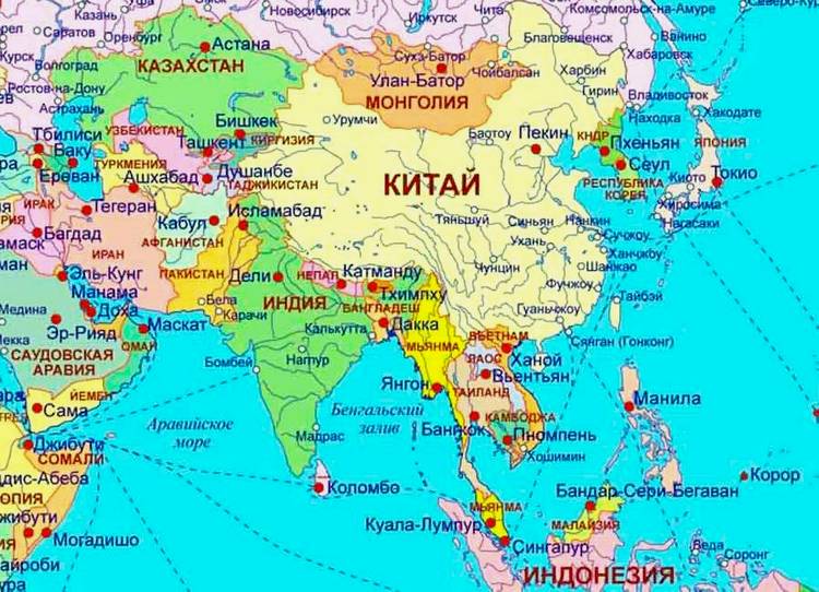 Карта азии со странами крупно на русском в хорошем качестве увеличенная в масштабе