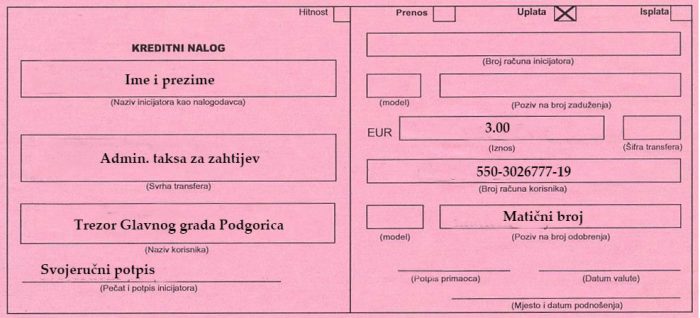 Регистрационный бланк Черногории