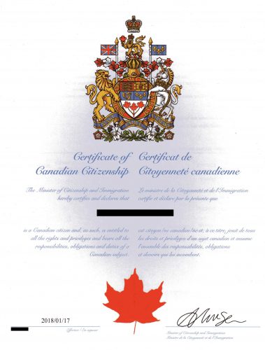 Certificate of Canadian Citizenship