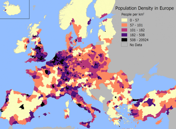 Карта плотности населения Европы