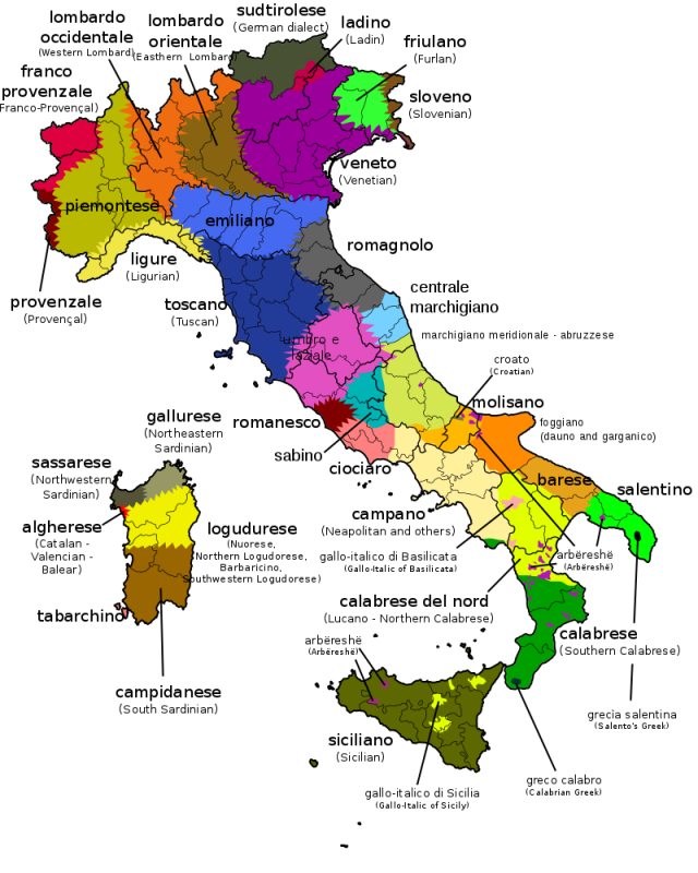Распространение различных языков Италии