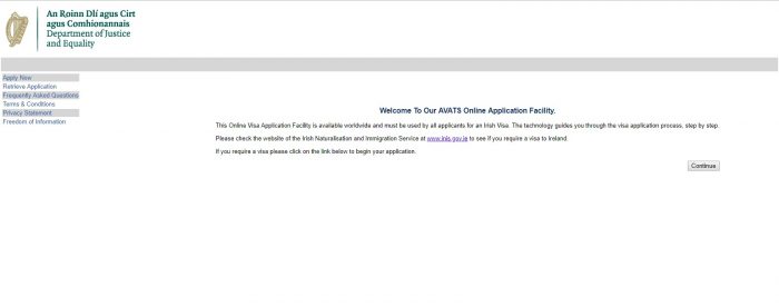 Сктриншот сайта visas.inis.gov.ie